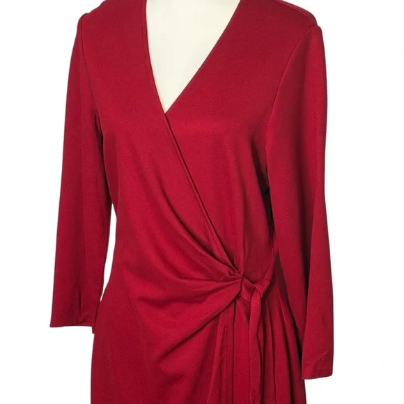 NWT Anne Klein Faux Wrap Midi Sheath Dress 12 Titan Red Stretch Knit *Read - Picture 2 of 11